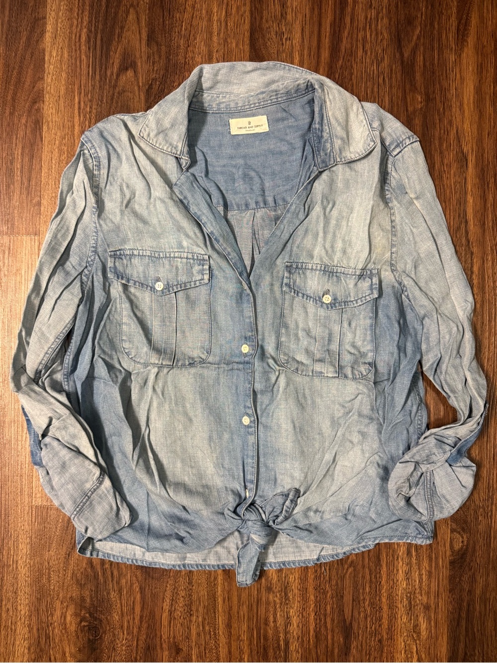 Thread & Supply Light Blue Chambray Button-Front Tie Hem Shirt